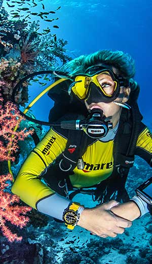 Scuba Diver looking at corals underwater