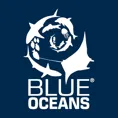 Blue Oceans marine conservation logo with dolphins, sharks and a manta ray