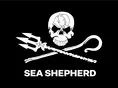 Sea Shepherd conservation logo with skull, trident and shepherd's crook emblem